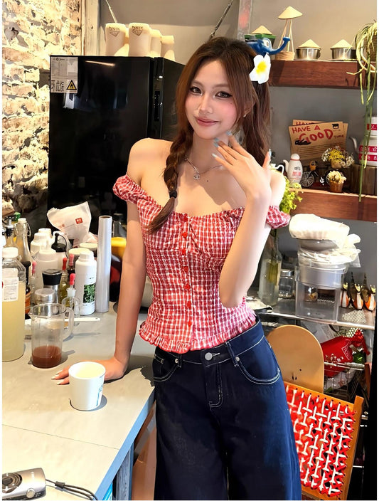 American Red White Check One Shoulder Top