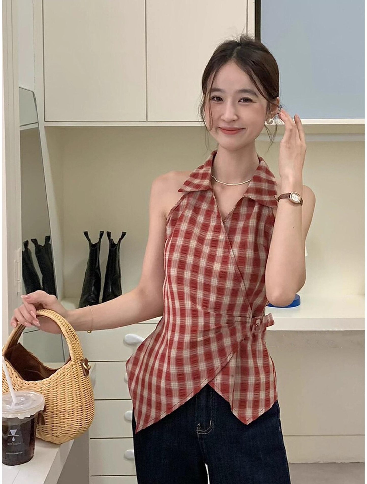 French V-Neck Red Check Vest Shirt