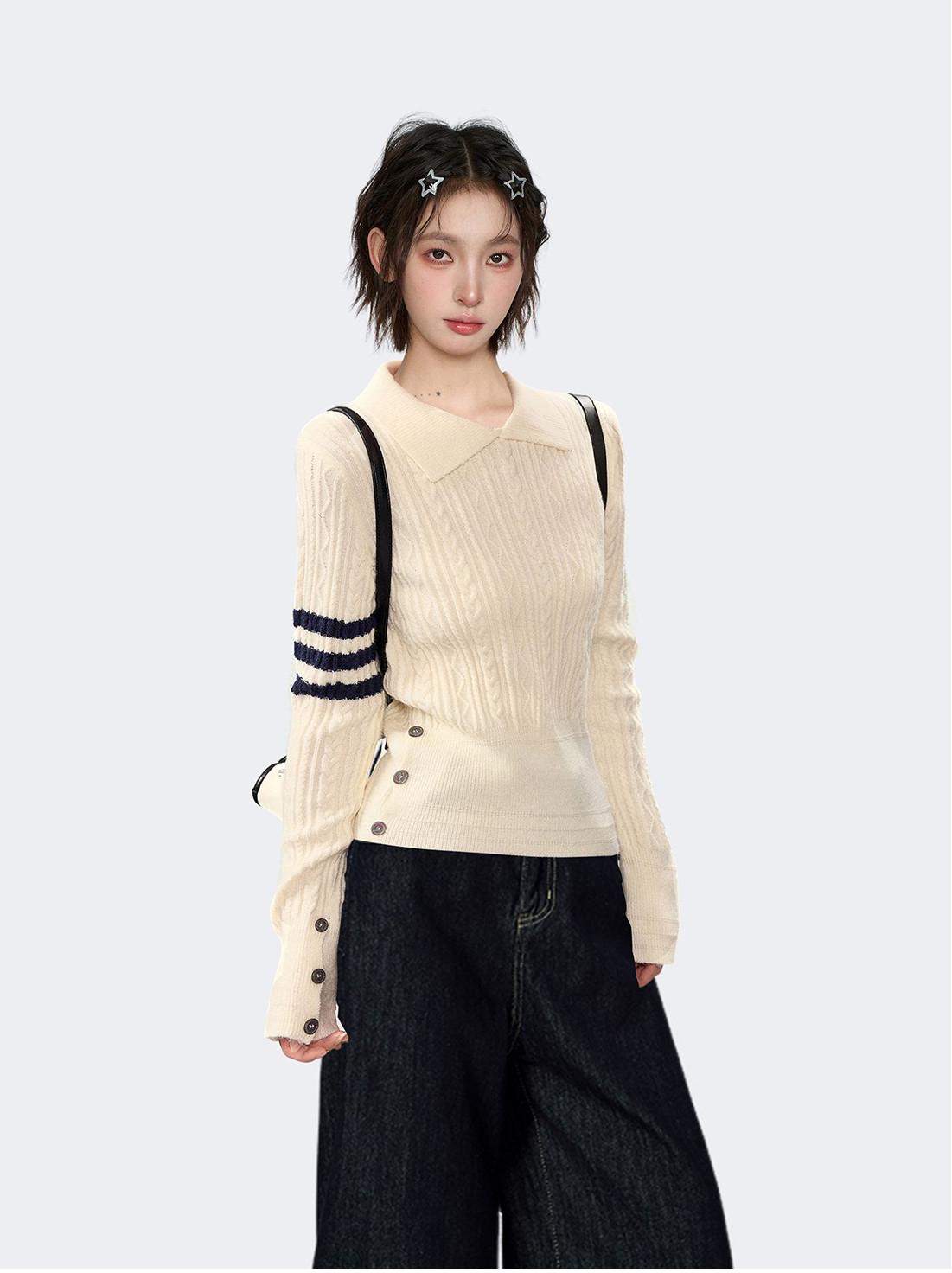 Preppy Collared Twist Knit Sweater