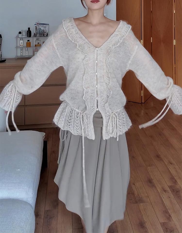 French V-Neck Ribbed Mohair Knit