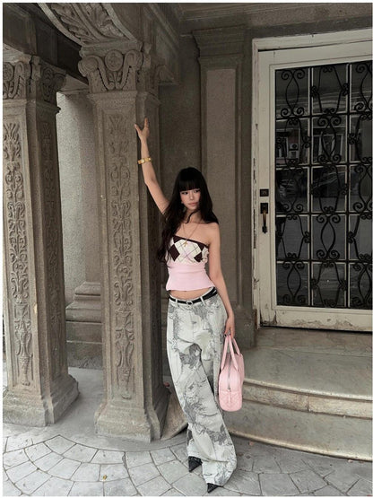 Vintage Ink Intarsia Wide Leg Jeans