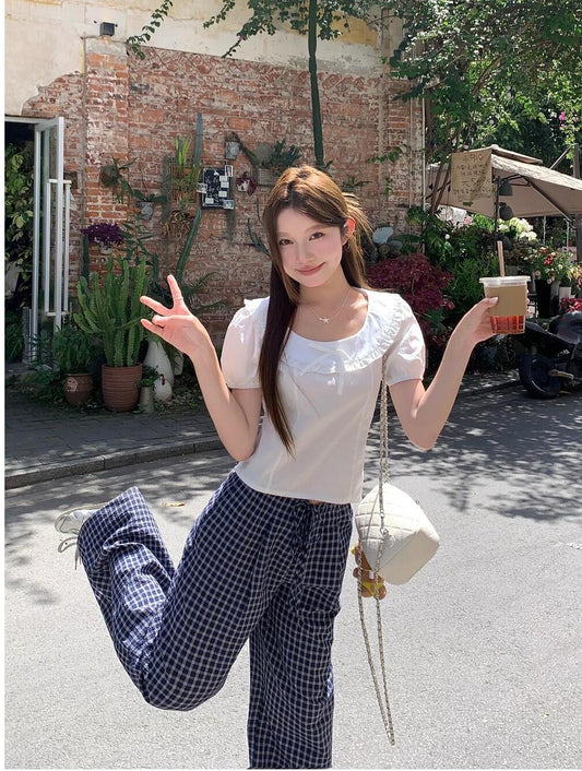 American Textured Blue Plaid Wide Leg Pants