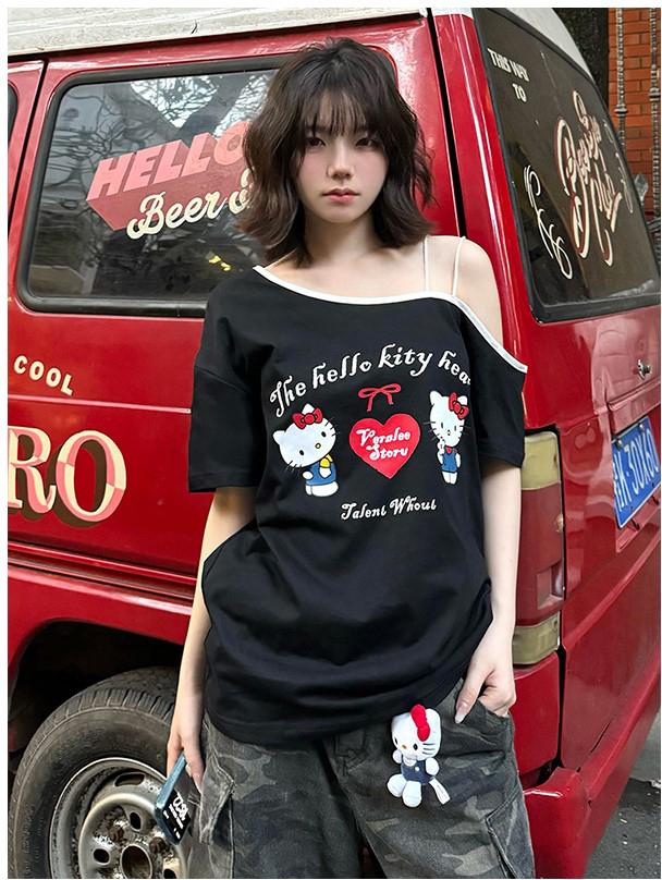 Vintage Cat Off-Shoulder Cotton Tee