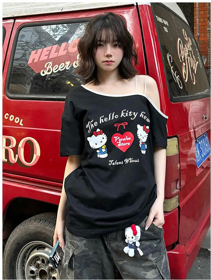 Vintage Cat Off-Shoulder Cotton Tee