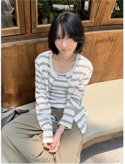 Korean Striped Knit Cardigan & Tank Set