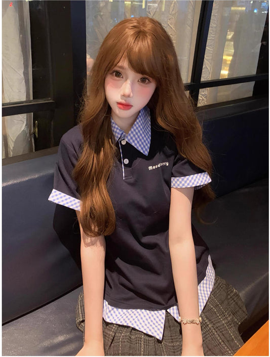 American Preppy Fake Two-Piece Checked Polo Tee