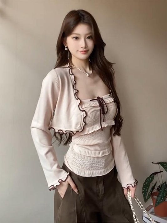 Pink Ruffle Knit Cardigan & Bustier Set