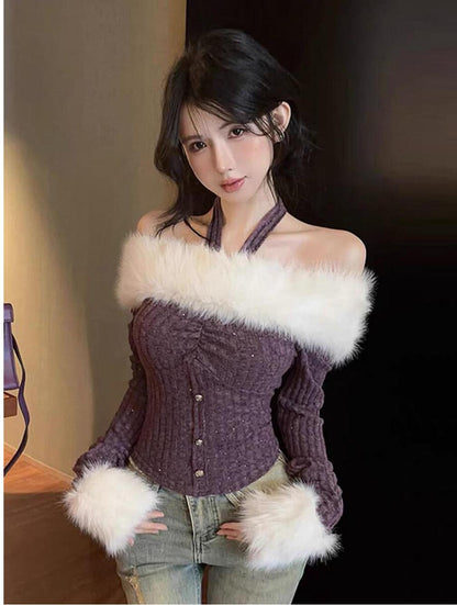 Pure Desire Faux Fur Collar Off-Shoulder Knit