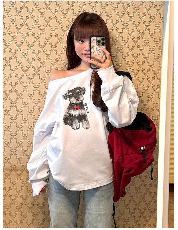 American Dog Print One-Shoulder Heavyweight Hoodie