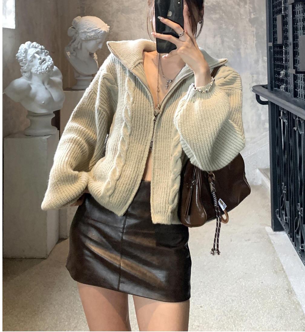 Korean Vintage Cable Knit Zip Cardigan