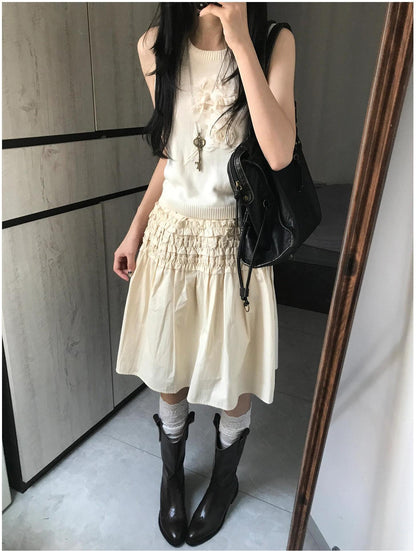 Korean Lace Pleated A-Line Skirt