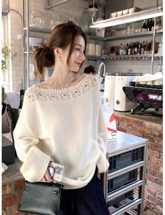 Korean Lace Cutout Off-Shoulder Knit