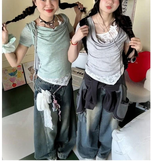 American Cute Lace Faux Two-Piece Tee