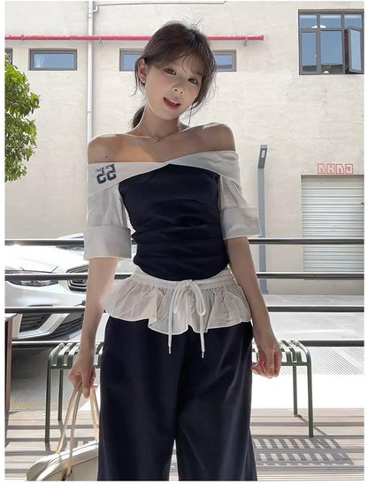 American Colorblock Off-Shoulder Ruffle Set