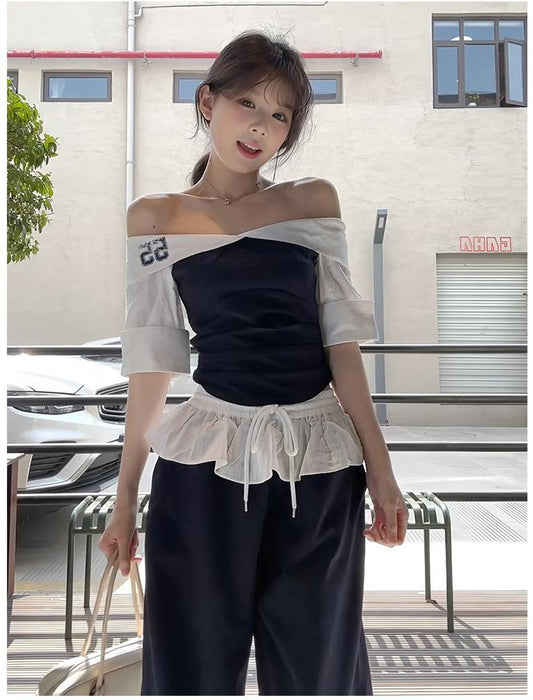American Colorblock Off-Shoulder Ruffle Set