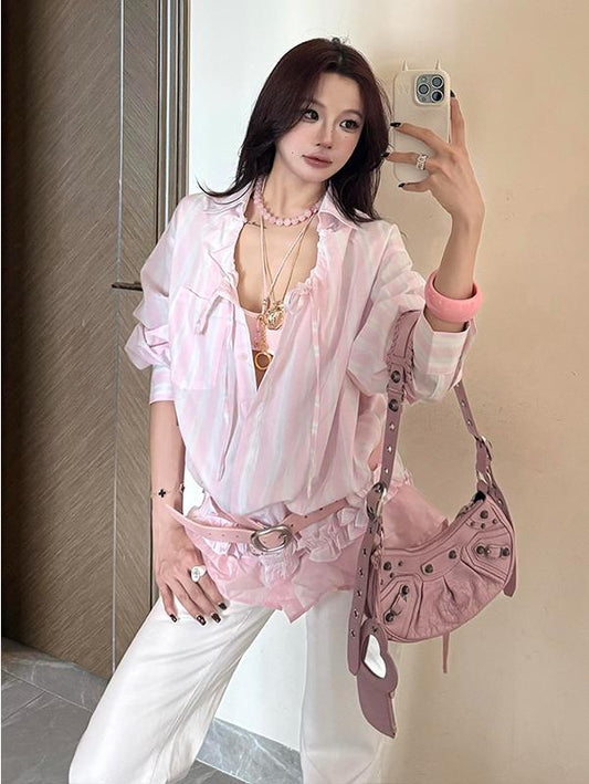 Korean Striped Lace Tie Long Sleeve Shirt