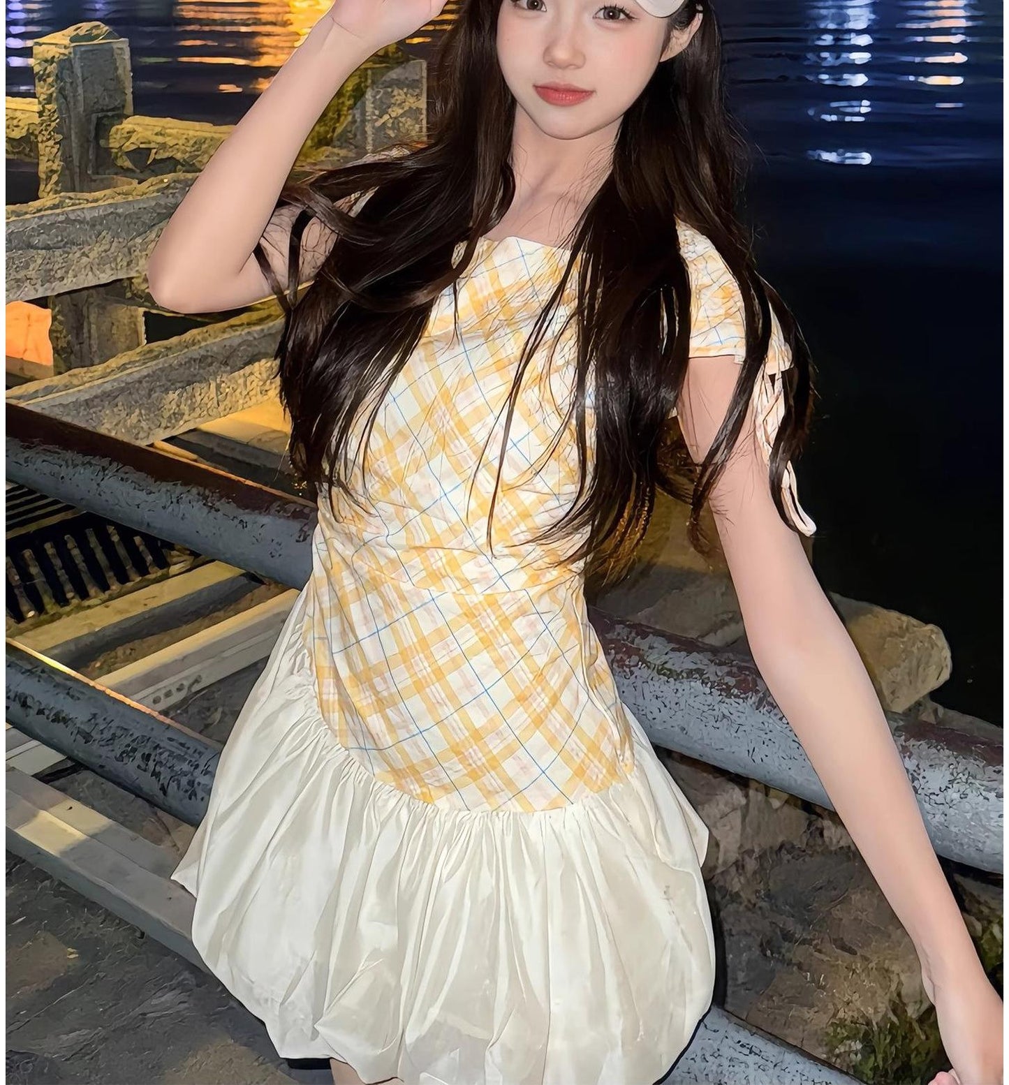 Yellow Checked Waist Tie Bubble Dress