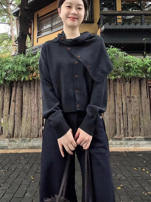 Korean Round Neck Knit Cardigan Set