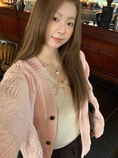 Korean Pink V-Neck Knit Cardigan