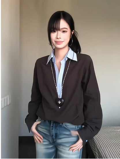American Trend Faux Two-Piece Striped Shirt