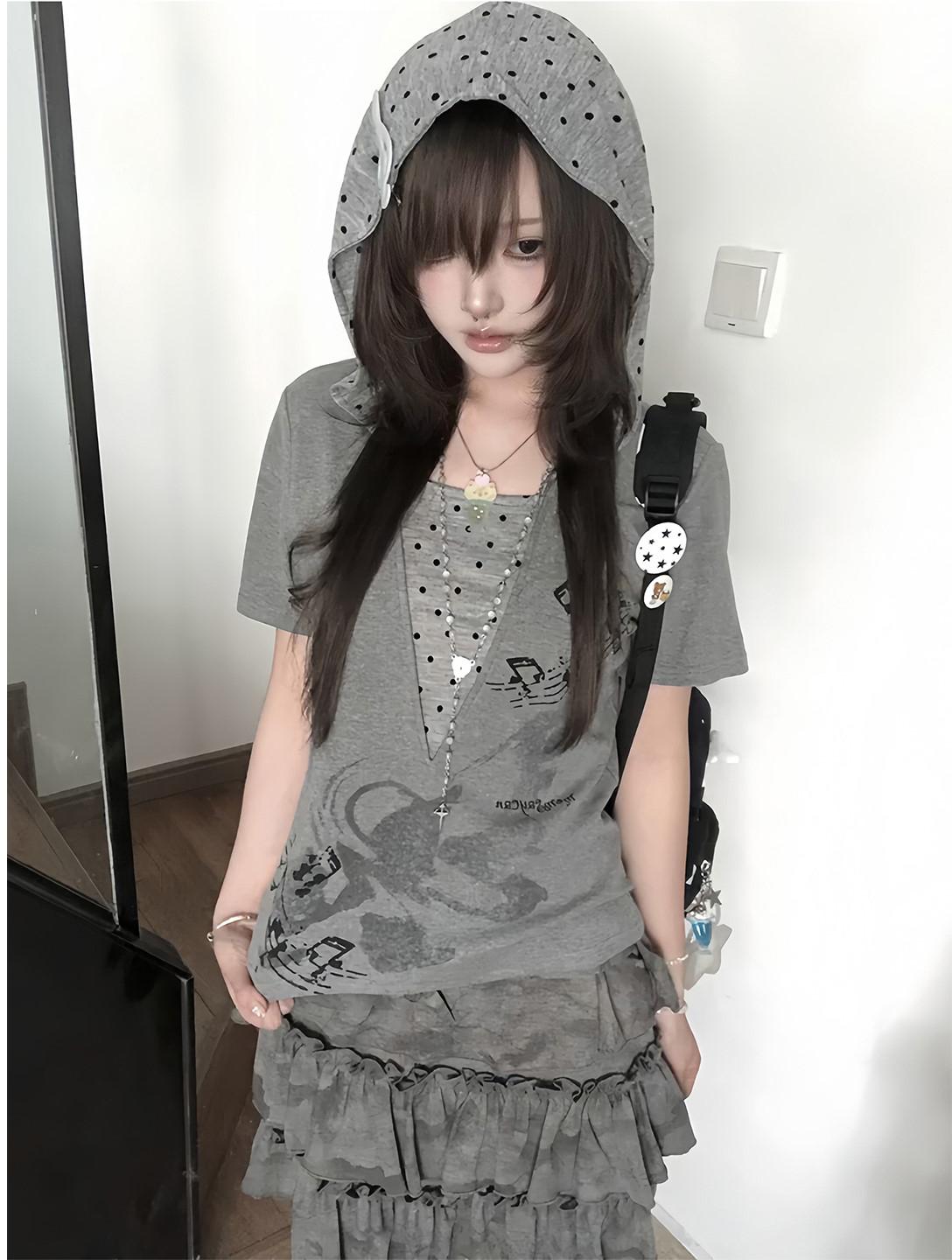 Light Asian Punk Dot Faux Two-Piece Hoodie