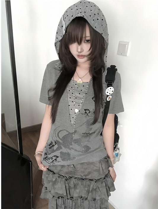 Light Asian Punk Dot Faux Two-Piece Hoodie
