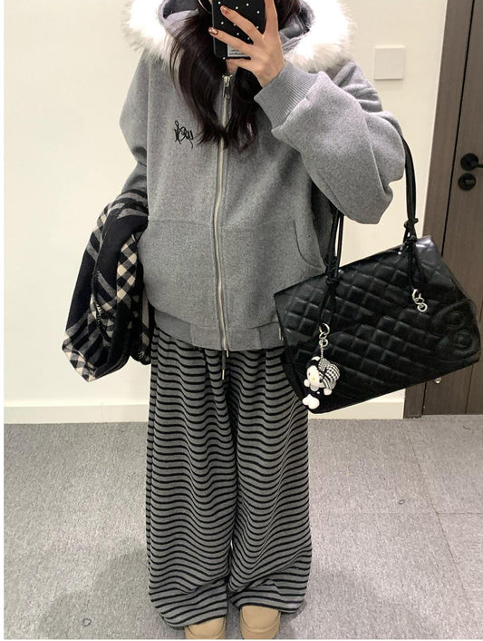 Grey Faux Fur Zip Jacket