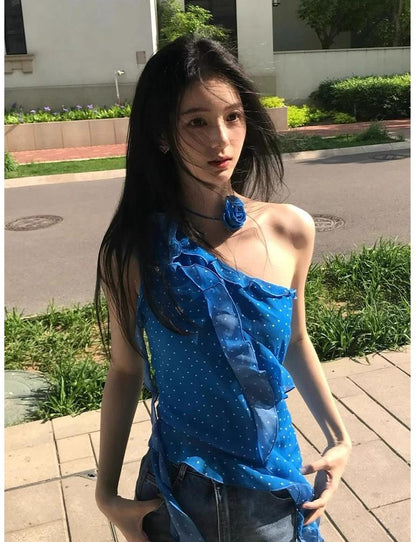 French Blue Polka Dot Asymmetrical Shoulder Cami