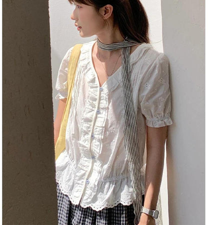 Japanese Vintage Lace V-Neck Shirt