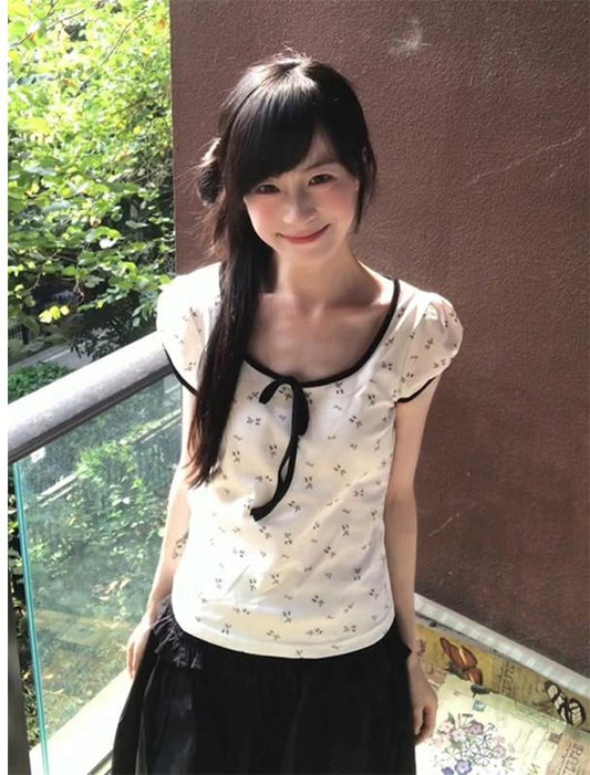 Korean Floral Square Neck T-Shirt