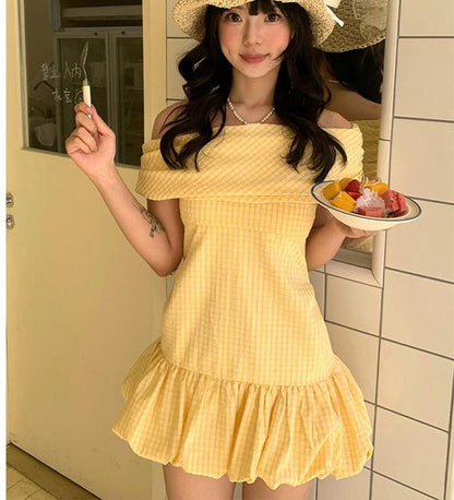 French Yellow Check Shoulder Dress