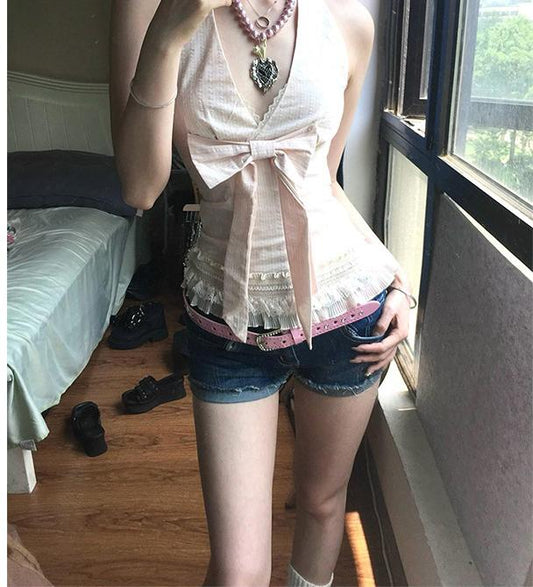 Pink Bow Lace Halter Top