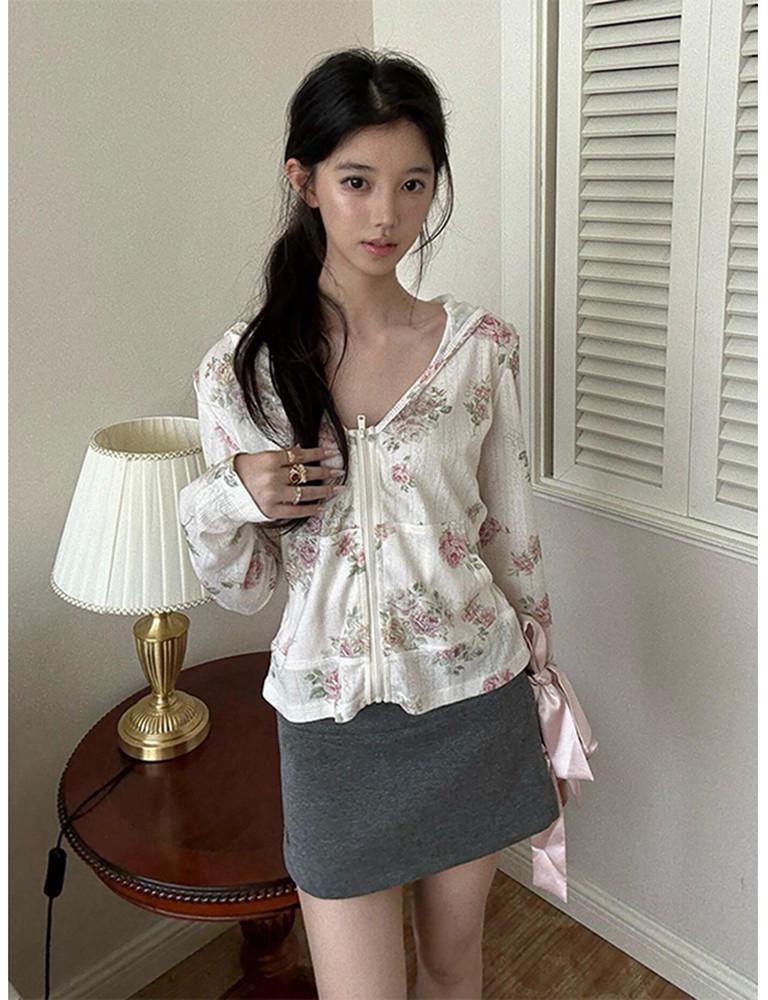 Floral Hooded Zip Cardigan Women