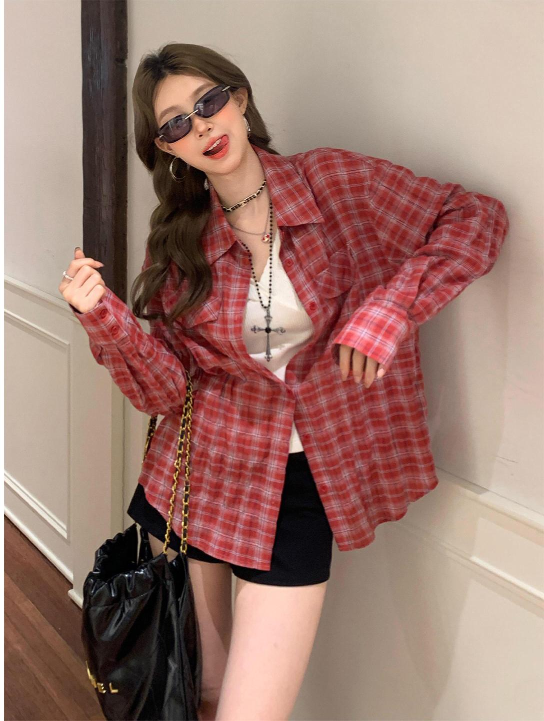 Red Plaid Button Down Shirt Cardigan Women