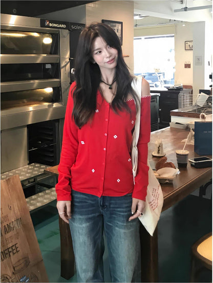 Red Floral Off Shoulder Knit Cardigan Women