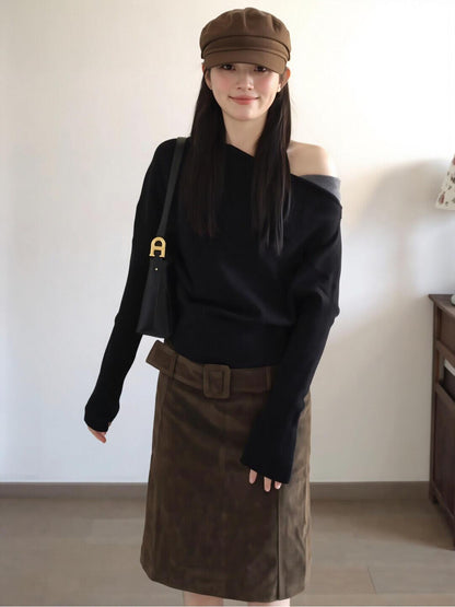 Batwing Off Shoulder Contrast Knit Sweater Women