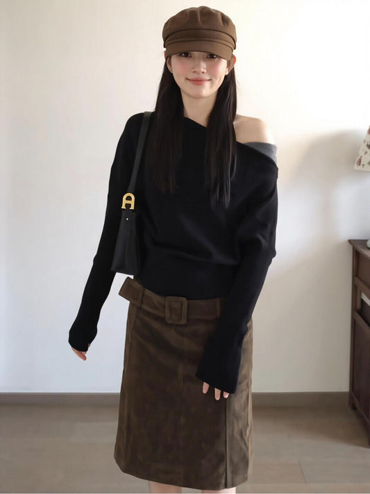 Batwing Off Shoulder Contrast Knit Sweater Women