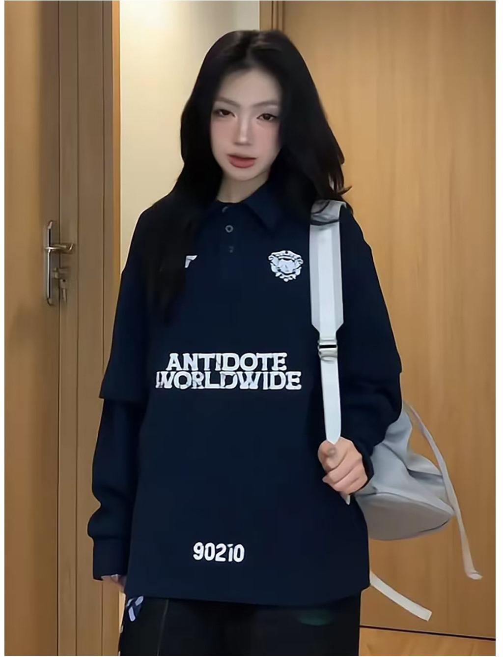 Street Style Layered Polo Long Sleeve Tee Women