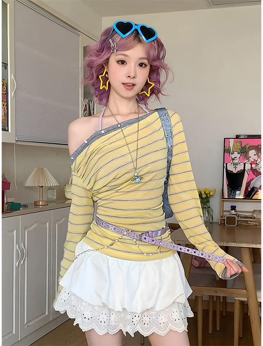 Off Shoulder Striped Knit Tee Women