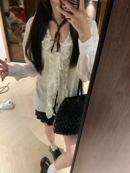 French Ruffle White Long Sleeve Shirt Women