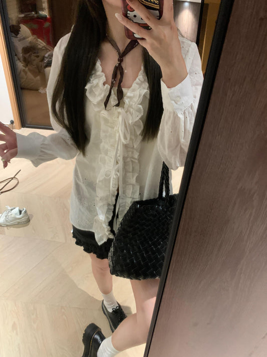 French Ruffle White Long Sleeve Shirt Women