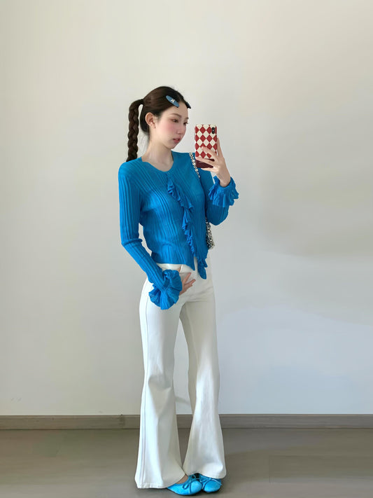 Blue Lace Trim Knit Sweater Women