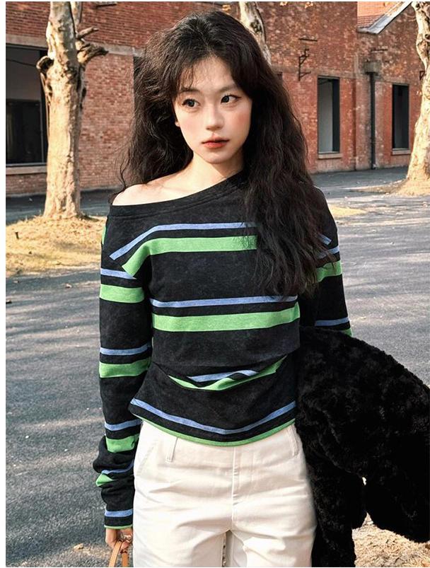 Stripe Off Shoulder Sweatshirt Women