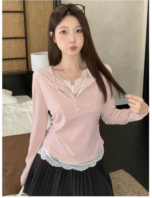 Lace Layered Knit Long Sleeve Tee Women