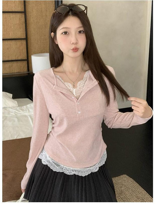 Lace Layered Knit Long Sleeve Tee Women