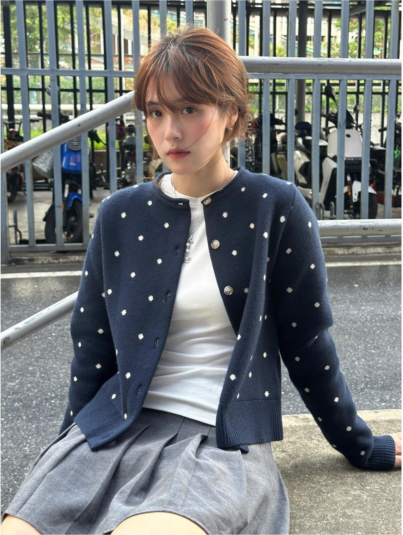 Navy Polka Dot Knit Cardigan Women