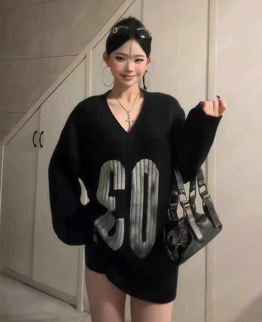 Retro V-Neck Knit Sweater Women