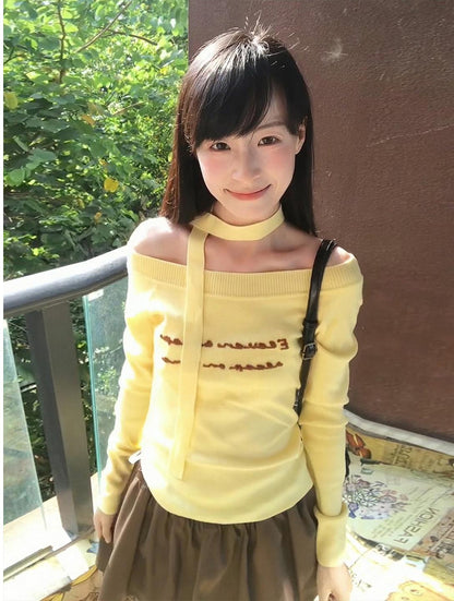Yellow Off Shoulder Knit Sweater Women