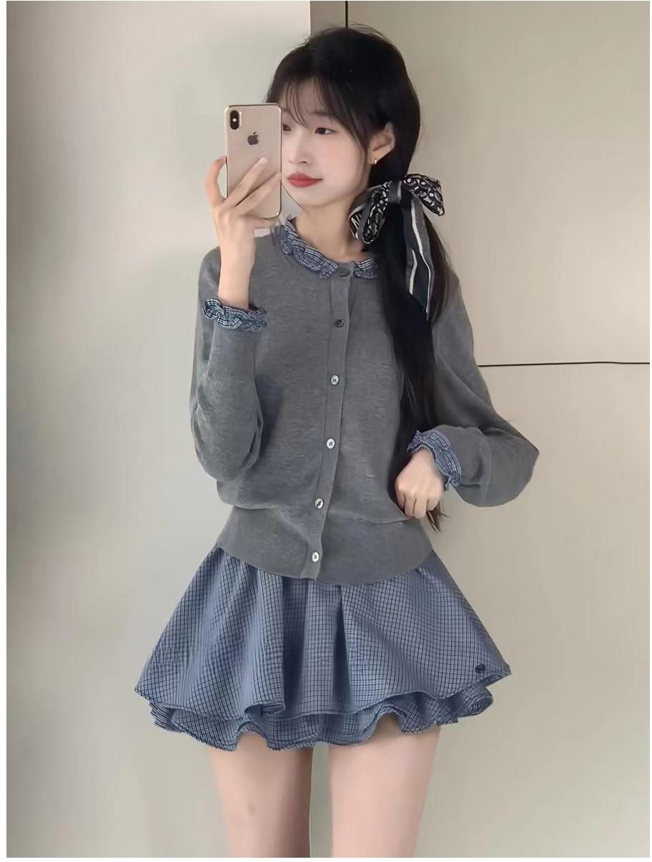 Ruffle Layered Gray Knit Cardigan Women