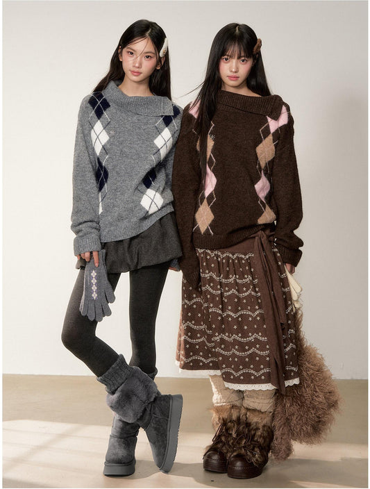 Argyle Asymmetric Collar Knit Sweater Women